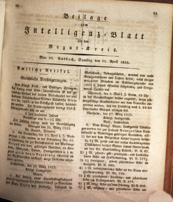 Königlich Bayerisches Intelligenzblatt für den Rezat-Kreis (Ansbacher Intelligenz-Zeitung) Samstag 11. April 1835