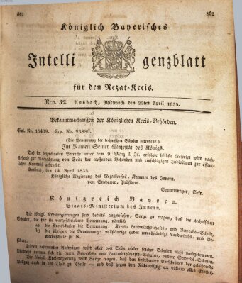 Königlich Bayerisches Intelligenzblatt für den Rezat-Kreis (Ansbacher Intelligenz-Zeitung) Mittwoch 22. April 1835