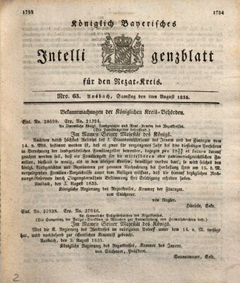 Königlich Bayerisches Intelligenzblatt für den Rezat-Kreis (Ansbacher Intelligenz-Zeitung) Samstag 8. August 1835