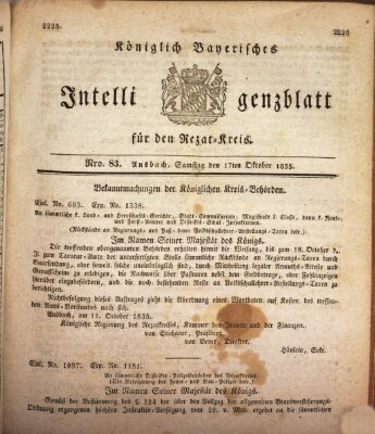 Königlich Bayerisches Intelligenzblatt für den Rezat-Kreis (Ansbacher Intelligenz-Zeitung) Samstag 17. Oktober 1835