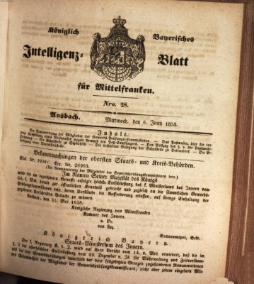 Königlich Bayerisches Intelligenzblatt für Mittelfranken (Ansbacher Intelligenz-Zeitung) Mittwoch 6. Juni 1838