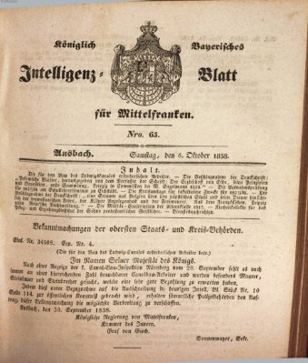 Königlich Bayerisches Intelligenzblatt für Mittelfranken (Ansbacher Intelligenz-Zeitung) Samstag 6. Oktober 1838