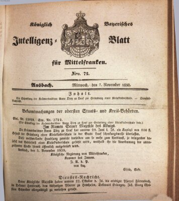 Königlich Bayerisches Intelligenzblatt für Mittelfranken (Ansbacher Intelligenz-Zeitung) Mittwoch 7. November 1838