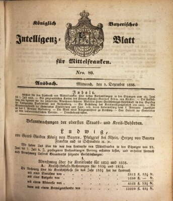 Königlich Bayerisches Intelligenzblatt für Mittelfranken (Ansbacher Intelligenz-Zeitung) Mittwoch 5. Dezember 1838