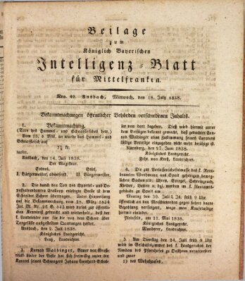 Königlich Bayerisches Intelligenzblatt für Mittelfranken (Ansbacher Intelligenz-Zeitung) Mittwoch 18. Juli 1838