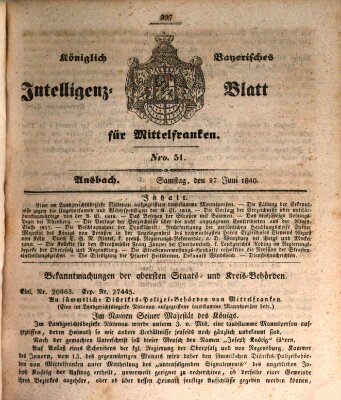 Königlich Bayerisches Intelligenzblatt für Mittelfranken (Ansbacher Intelligenz-Zeitung) Samstag 27. Juni 1840