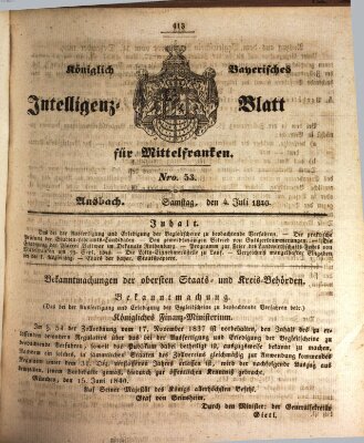Königlich Bayerisches Intelligenzblatt für Mittelfranken (Ansbacher Intelligenz-Zeitung) Samstag 4. Juli 1840