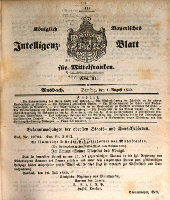 Königlich Bayerisches Intelligenzblatt für Mittelfranken (Ansbacher Intelligenz-Zeitung) Samstag 1. August 1840