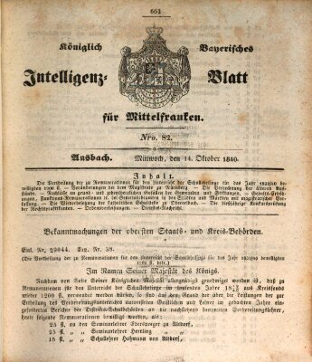 Königlich Bayerisches Intelligenzblatt für Mittelfranken (Ansbacher Intelligenz-Zeitung) Mittwoch 14. Oktober 1840