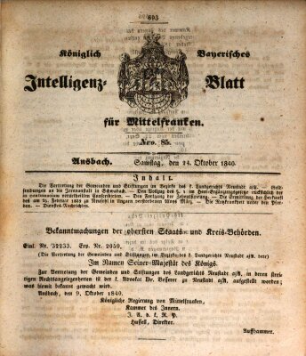 Königlich Bayerisches Intelligenzblatt für Mittelfranken (Ansbacher Intelligenz-Zeitung) Samstag 24. Oktober 1840
