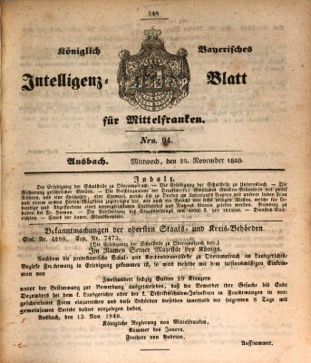Königlich Bayerisches Intelligenzblatt für Mittelfranken (Ansbacher Intelligenz-Zeitung) Mittwoch 25. November 1840