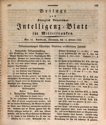 Königlich Bayerisches Intelligenzblatt für Mittelfranken (Ansbacher Intelligenz-Zeitung) Mittwoch 12. Februar 1840