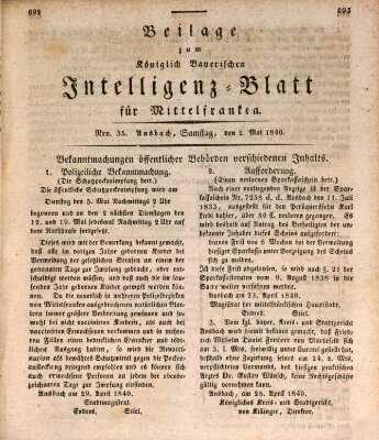 Königlich Bayerisches Intelligenzblatt für Mittelfranken (Ansbacher Intelligenz-Zeitung) Samstag 2. Mai 1840