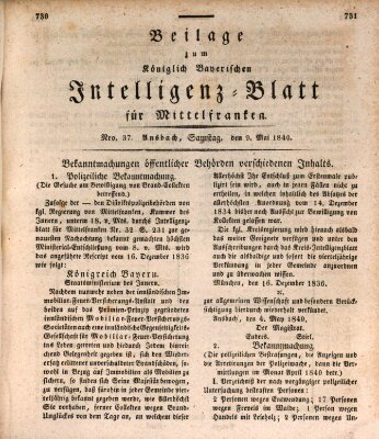 Königlich Bayerisches Intelligenzblatt für Mittelfranken (Ansbacher Intelligenz-Zeitung) Samstag 9. Mai 1840