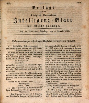 Königlich Bayerisches Intelligenzblatt für Mittelfranken (Ansbacher Intelligenz-Zeitung) Samstag 21. November 1840