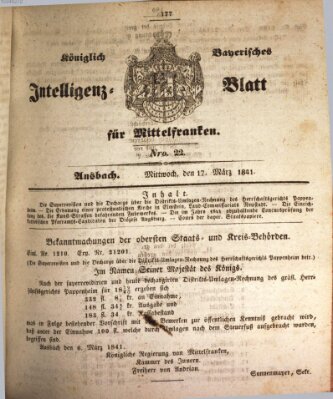 Königlich Bayerisches Intelligenzblatt für Mittelfranken (Ansbacher Intelligenz-Zeitung) Mittwoch 17. März 1841