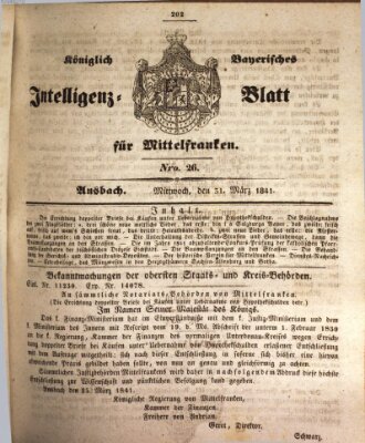 Königlich Bayerisches Intelligenzblatt für Mittelfranken (Ansbacher Intelligenz-Zeitung) Mittwoch 31. März 1841