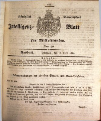 Königlich Bayerisches Intelligenzblatt für Mittelfranken (Ansbacher Intelligenz-Zeitung) Samstag 10. April 1841