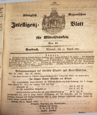 Königlich Bayerisches Intelligenzblatt für Mittelfranken (Ansbacher Intelligenz-Zeitung) Mittwoch 11. August 1841