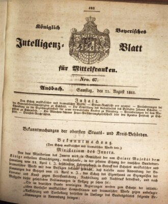 Königlich Bayerisches Intelligenzblatt für Mittelfranken (Ansbacher Intelligenz-Zeitung) Samstag 21. August 1841
