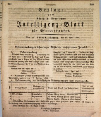 Königlich Bayerisches Intelligenzblatt für Mittelfranken (Ansbacher Intelligenz-Zeitung) Samstag 24. April 1841
