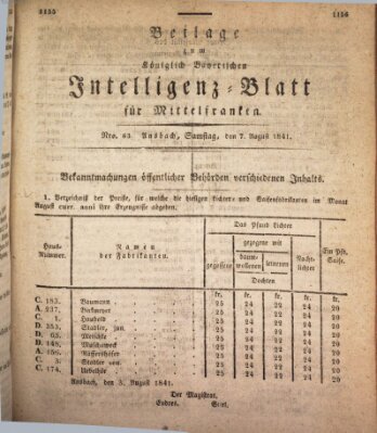 Königlich Bayerisches Intelligenzblatt für Mittelfranken (Ansbacher Intelligenz-Zeitung) Samstag 7. August 1841