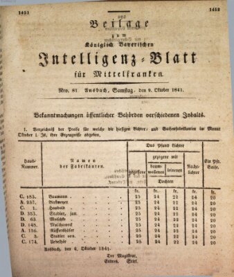 Königlich Bayerisches Intelligenzblatt für Mittelfranken (Ansbacher Intelligenz-Zeitung) Samstag 9. Oktober 1841