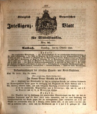 Königlich Bayerisches Intelligenzblatt für Mittelfranken (Ansbacher Intelligenz-Zeitung) Samstag 29. Oktober 1842