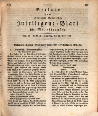 Königlich Bayerisches Intelligenzblatt für Mittelfranken (Ansbacher Intelligenz-Zeitung) Samstag 23. April 1842