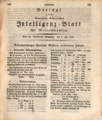 Königlich Bayerisches Intelligenzblatt für Mittelfranken (Ansbacher Intelligenz-Zeitung) Samstag 4. Juni 1842