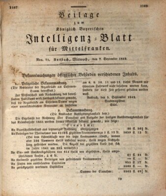Königlich Bayerisches Intelligenzblatt für Mittelfranken (Ansbacher Intelligenz-Zeitung) Mittwoch 7. September 1842