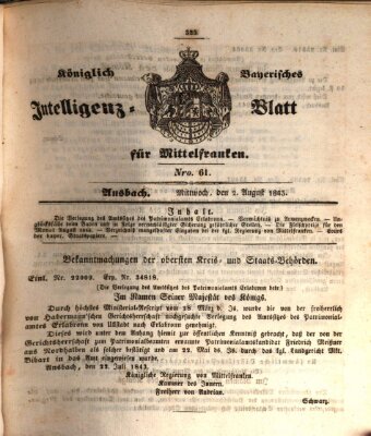 Königlich Bayerisches Intelligenzblatt für Mittelfranken (Ansbacher Intelligenz-Zeitung) Mittwoch 2. August 1843