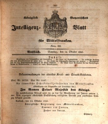 Königlich Bayerisches Intelligenzblatt für Mittelfranken (Ansbacher Intelligenz-Zeitung) Samstag 14. Oktober 1843