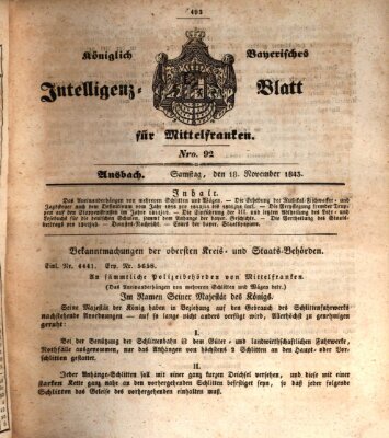 Königlich Bayerisches Intelligenzblatt für Mittelfranken (Ansbacher Intelligenz-Zeitung) Samstag 18. November 1843