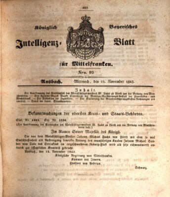 Königlich Bayerisches Intelligenzblatt für Mittelfranken (Ansbacher Intelligenz-Zeitung) Mittwoch 22. November 1843