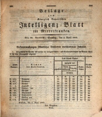 Königlich Bayerisches Intelligenzblatt für Mittelfranken (Ansbacher Intelligenz-Zeitung) Samstag 8. April 1843
