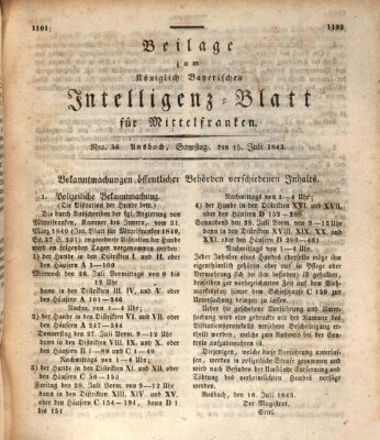 Königlich Bayerisches Intelligenzblatt für Mittelfranken (Ansbacher Intelligenz-Zeitung) Samstag 15. Juli 1843