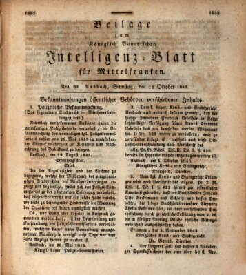 Königlich Bayerisches Intelligenzblatt für Mittelfranken (Ansbacher Intelligenz-Zeitung) Samstag 14. Oktober 1843