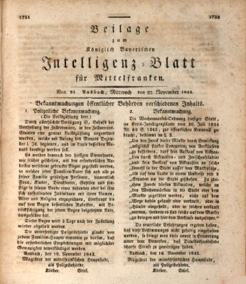 Königlich Bayerisches Intelligenzblatt für Mittelfranken (Ansbacher Intelligenz-Zeitung) Mittwoch 22. November 1843