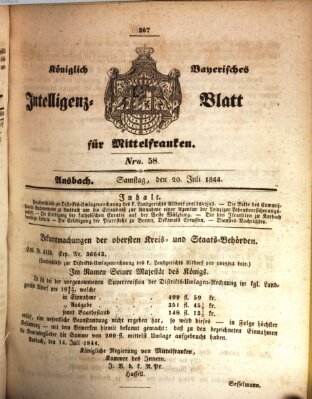 Königlich Bayerisches Intelligenzblatt für Mittelfranken (Ansbacher Intelligenz-Zeitung) Samstag 20. Juli 1844