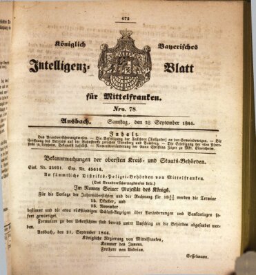 Königlich Bayerisches Intelligenzblatt für Mittelfranken (Ansbacher Intelligenz-Zeitung) Samstag 28. September 1844