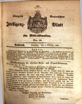 Königlich Bayerisches Intelligenzblatt für Mittelfranken (Ansbacher Intelligenz-Zeitung) Samstag 5. Oktober 1844