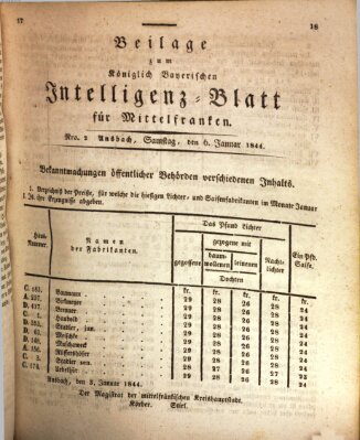 Königlich Bayerisches Intelligenzblatt für Mittelfranken (Ansbacher Intelligenz-Zeitung) Samstag 6. Januar 1844