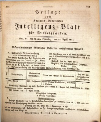 Königlich Bayerisches Intelligenzblatt für Mittelfranken (Ansbacher Intelligenz-Zeitung) Samstag 27. April 1844