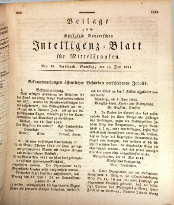 Königlich Bayerisches Intelligenzblatt für Mittelfranken (Ansbacher Intelligenz-Zeitung) Samstag 15. Juni 1844