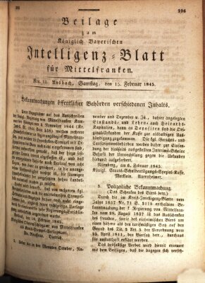 Königlich Bayerisches Intelligenzblatt für Mittelfranken (Ansbacher Intelligenz-Zeitung) Samstag 15. Februar 1845