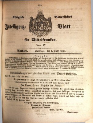 Königlich Bayerisches Intelligenzblatt für Mittelfranken (Ansbacher Intelligenz-Zeitung) Samstag 1. März 1845