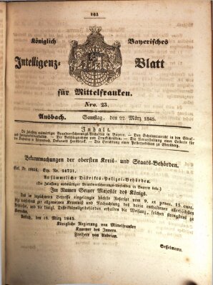 Königlich Bayerisches Intelligenzblatt für Mittelfranken (Ansbacher Intelligenz-Zeitung) Samstag 22. März 1845