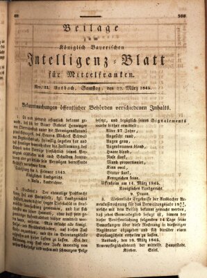 Königlich Bayerisches Intelligenzblatt für Mittelfranken (Ansbacher Intelligenz-Zeitung) Samstag 22. März 1845
