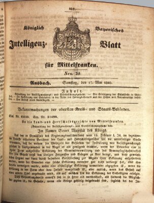 Königlich Bayerisches Intelligenzblatt für Mittelfranken (Ansbacher Intelligenz-Zeitung) Samstag 17. Mai 1845